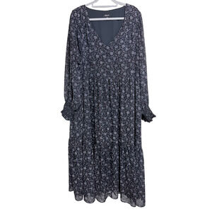 Madewell Floral Tiered Maxi Dress Size 3X Black Long Sleeve Smocked Cuff Lined